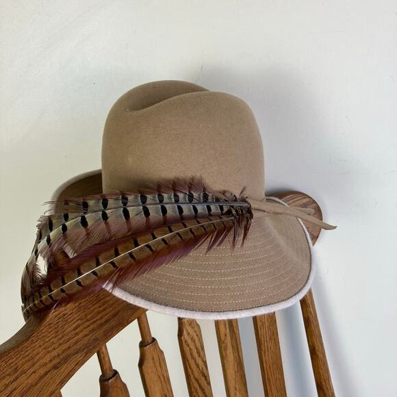Mr John Accessories - Mr John Womens Vintage Wool Fedora Hat Homburg Hat Feathers Small Brim Tan Cream